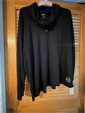 Michael Kors Black Draped Cowl Neck Long Sleeve Top with Rhinestone Logo